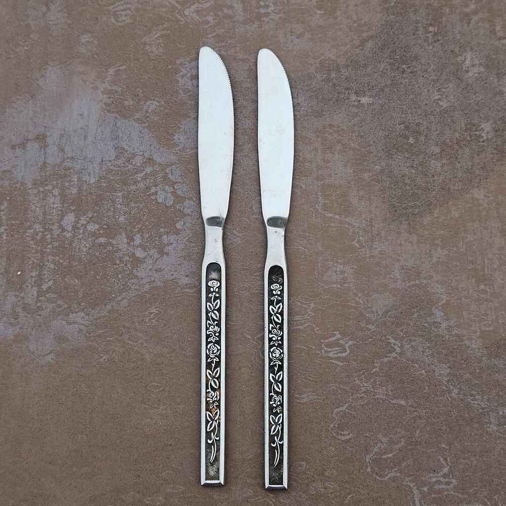 Vintage Stainless Japan Floral Butter Knives Set of 2 Black Silver Flatware
